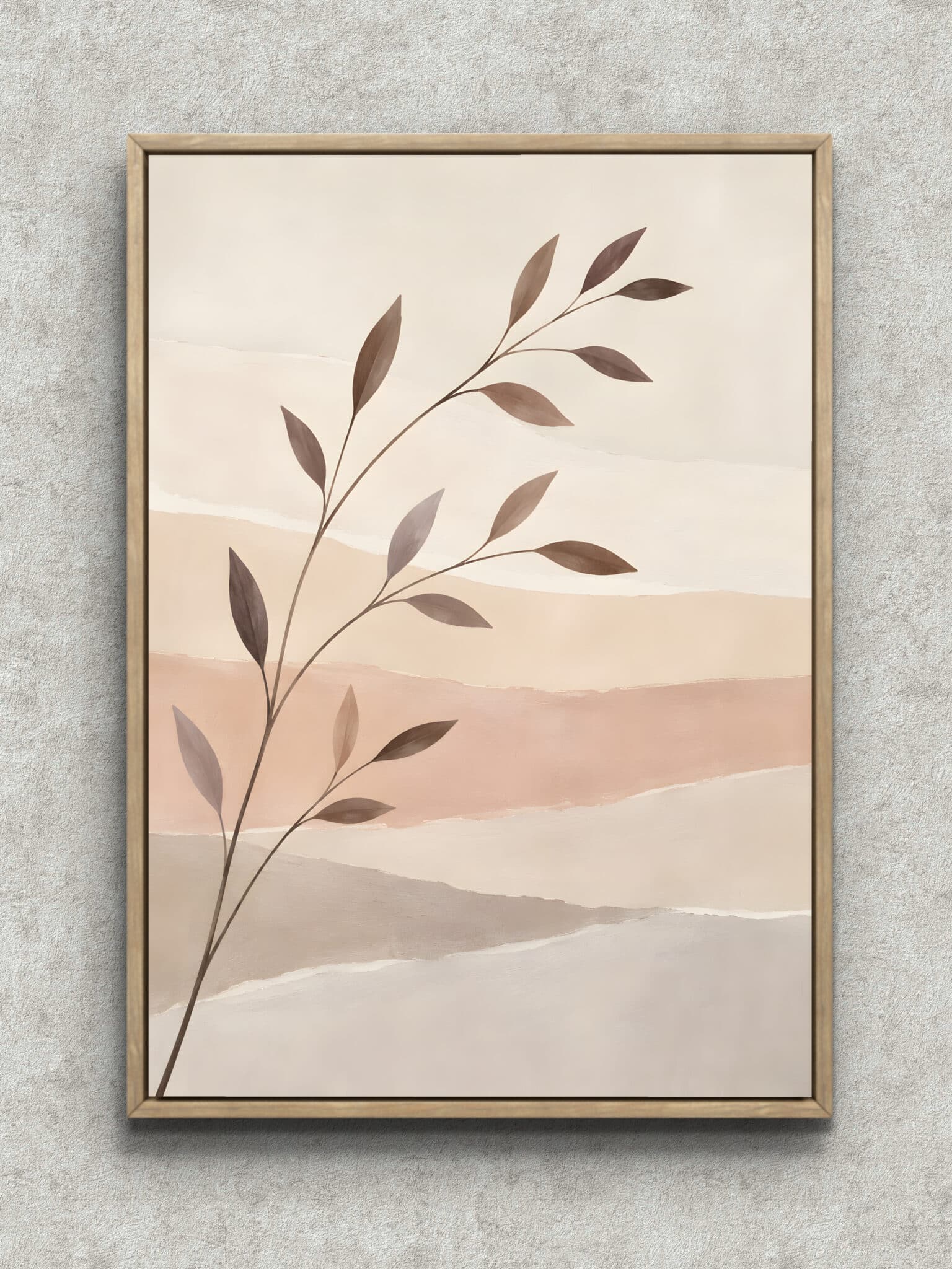 beige-branch-botanical-interior-art-main-1-ma-10741.jpg 淡いベージュ背景に細い枝葉が斜めに伸びる植物 インテリアアート フレーム設置イメージ