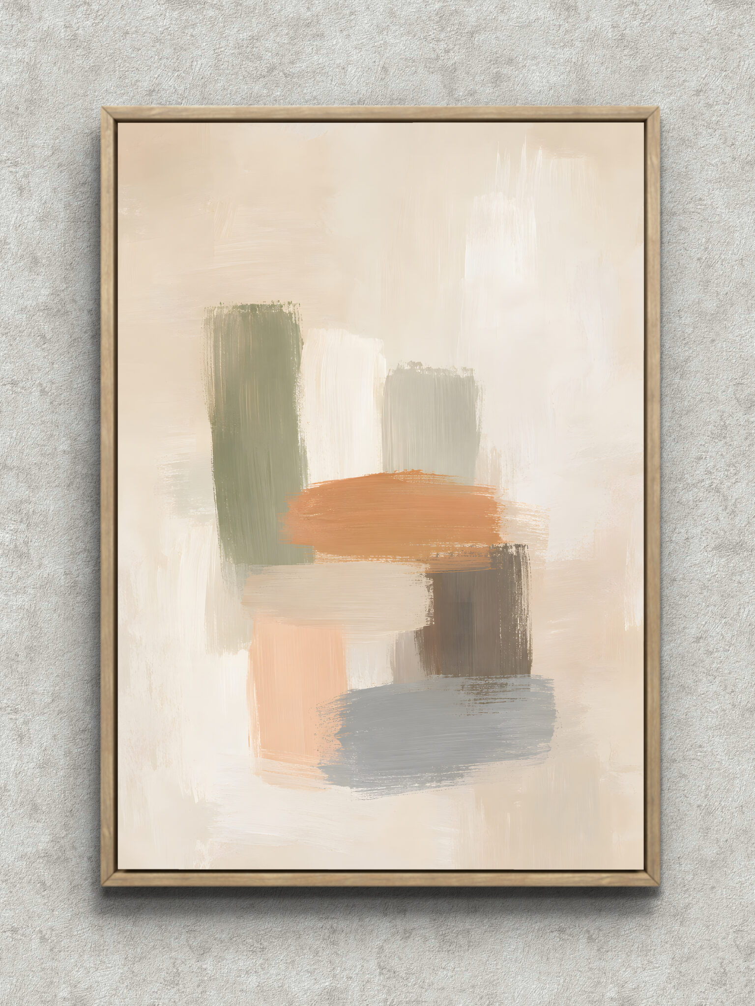 beige-green-orange-abstract-interior-art-main-1-ma-10641.jpg ベージュ地にくすみグリーンとオレンジの刷毛跡が重なる縦構図の抽象 インテリアアート フレーム設置イメージ