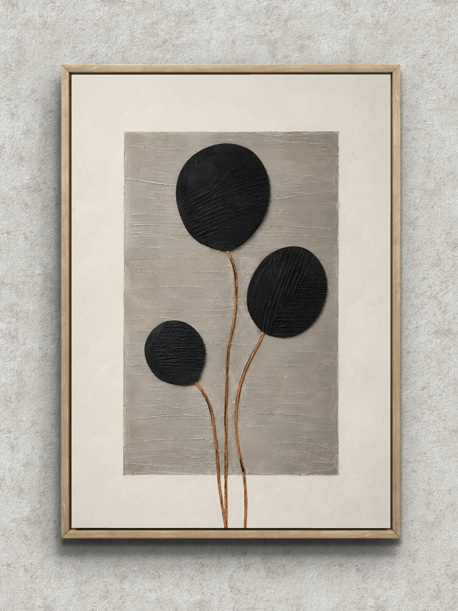black-circle-earthy-geometric-art-panel-main-1-ma-10710.jpg 黒い円形と細い茎、土色の層で構成した縦長の幾何学アートパネル フレーム設置イメージ