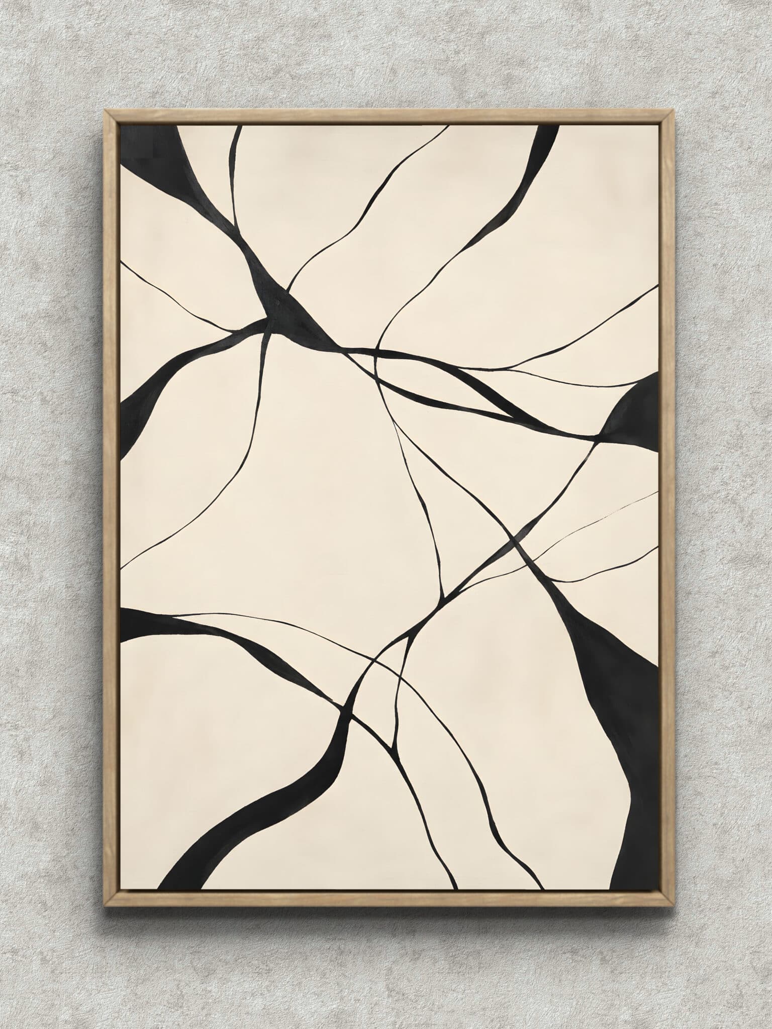 black-curved-line-abstract-interior-art-main-1-ma-10739.jpg 生成り地に黒い曲線が交差するミニマルな抽象 インテリアアート フレーム設置イメージ