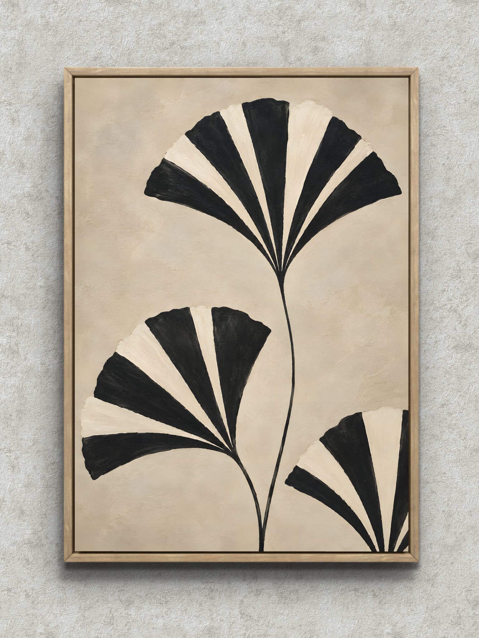 black-fan-leaf-minimal-interior-art-main-1-ma-10770.jpg 黒と生成りの扇形の葉を描いたミニマルな植物 インテリアアート フレーム設置イメージ