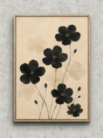 黒い花と淡色の花を余白豊かに描いた和風ボタニカルアートパネル フレーム設置イメージ