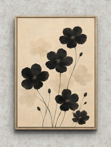 黒い花と淡色の花を余白豊かに描いた和風ボタニカルアートパネル フレーム設置イメージ