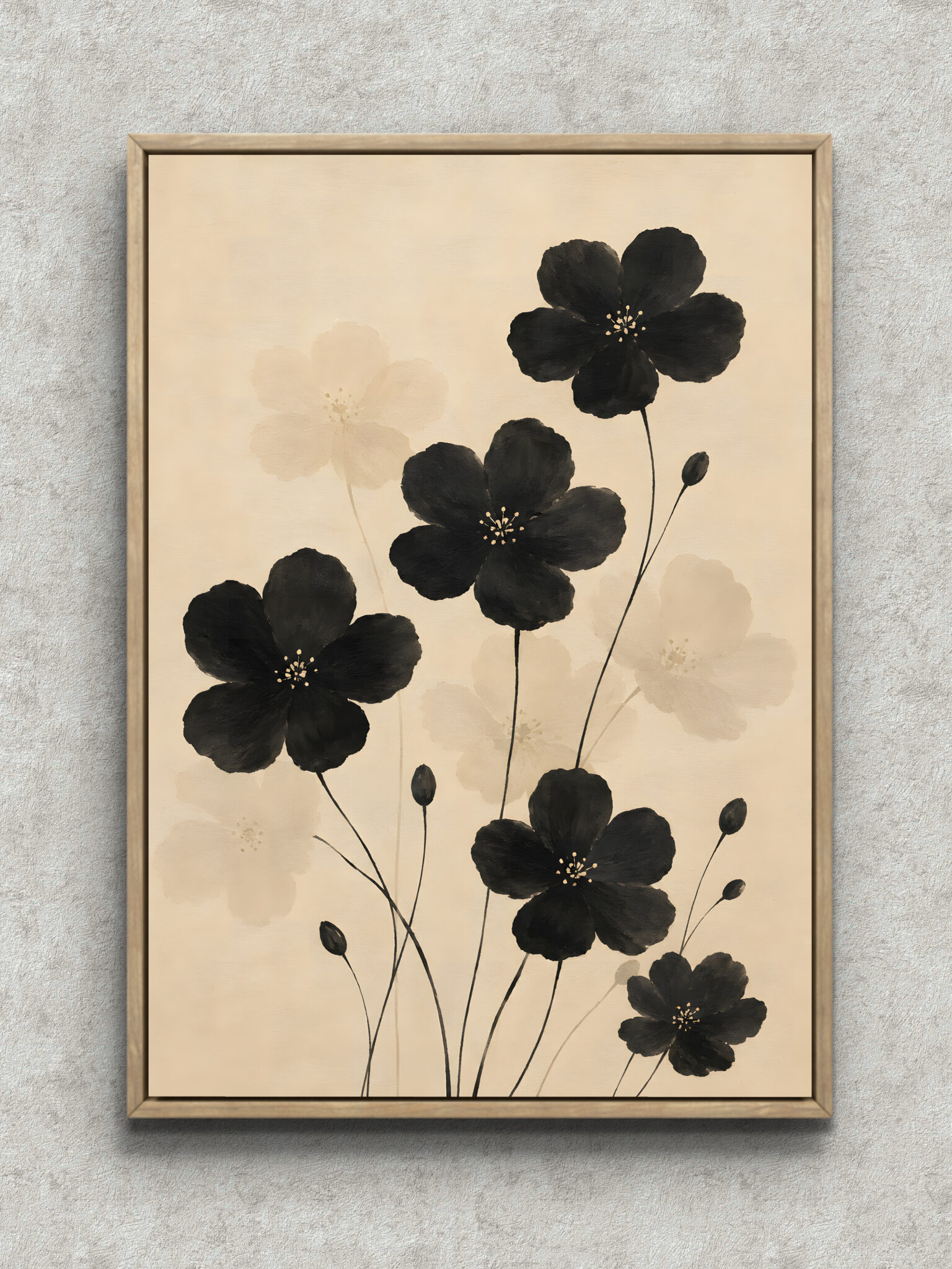 black-floral-japanese-botanical-interior-art-main-1-ma-10817.jpg 黒い花と淡色の花を余白豊かに描いた和風ボタニカルアートパネル フレーム設置イメージ