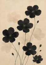 黒い花と淡色の花を余白豊かに描いた和風ボタニカルアートパネル