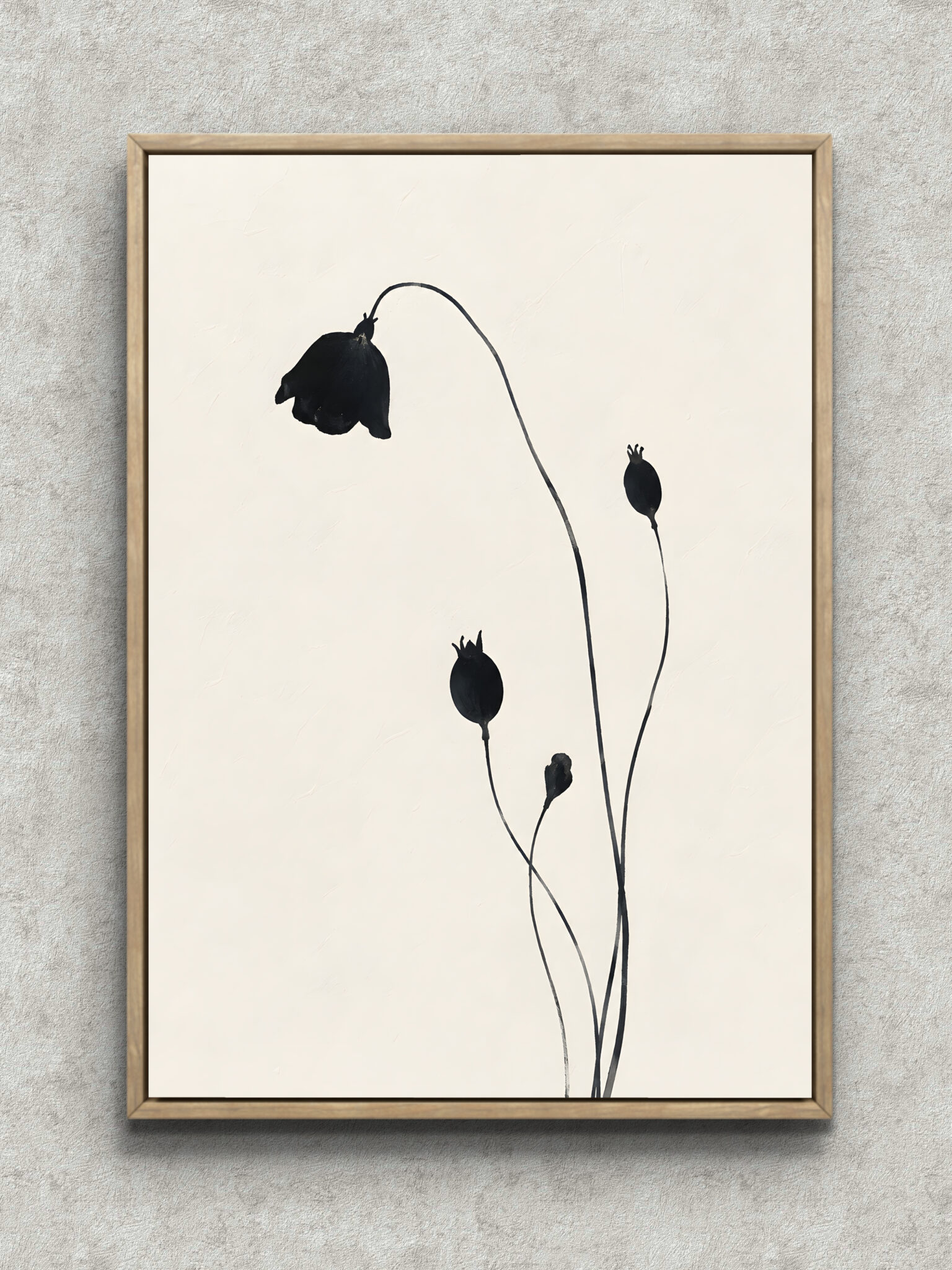 black-flower-line-botanical-interior-art-main-1-ma-10861.jpg 黒い花とつぼみを細い茎で描いた余白の美しいボタニカルアートパネル フレーム設置イメージ