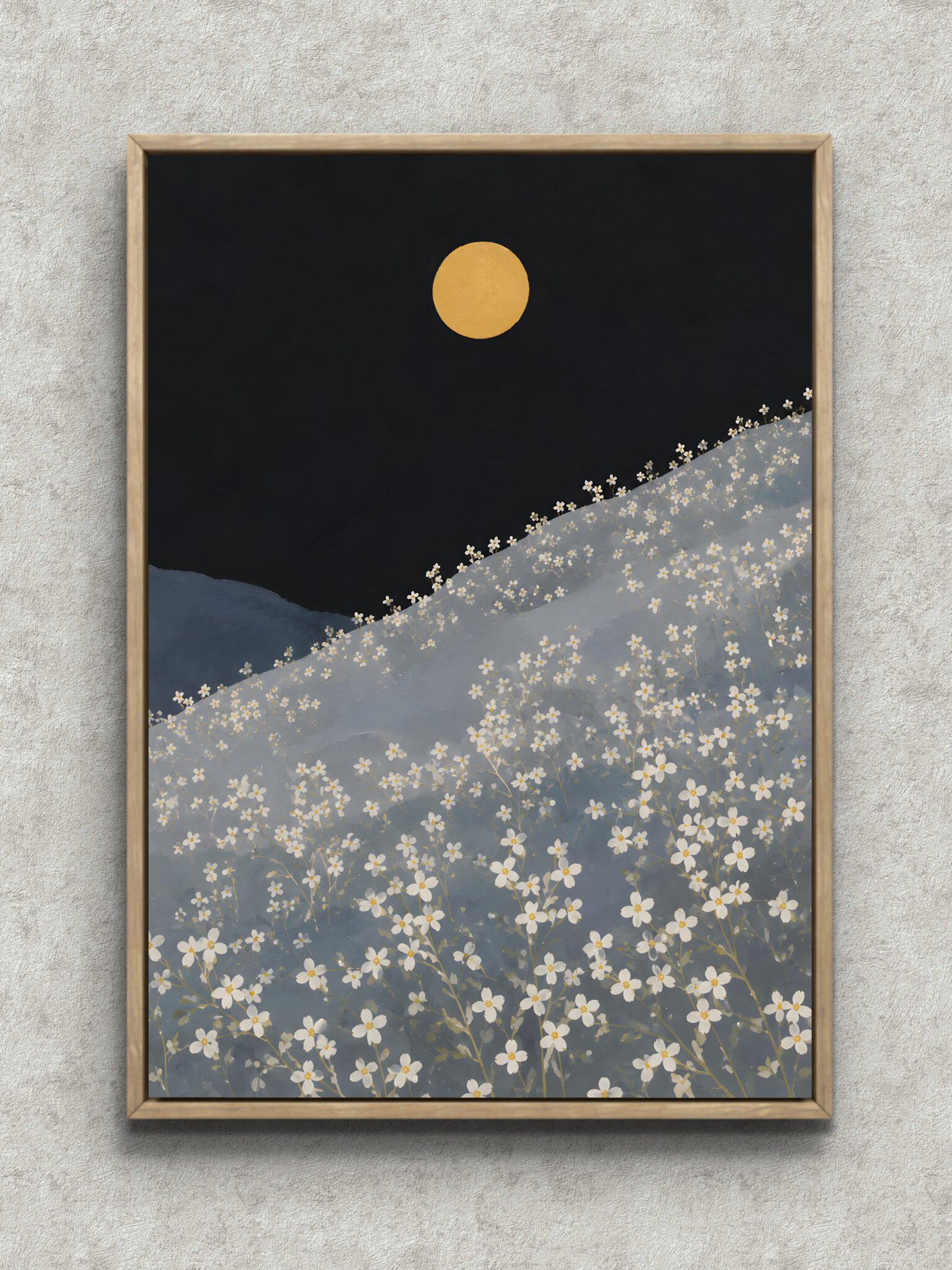 black-flower-moon-hillside-art-panel-main-1-ma-10804.jpg 金の満月と斜面の小花を描いた黒い花 アートパネル フレーム設置イメージ