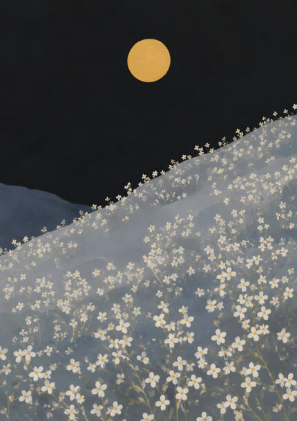 金の満月と斜面の小花を描いた黒い花 アートパネル