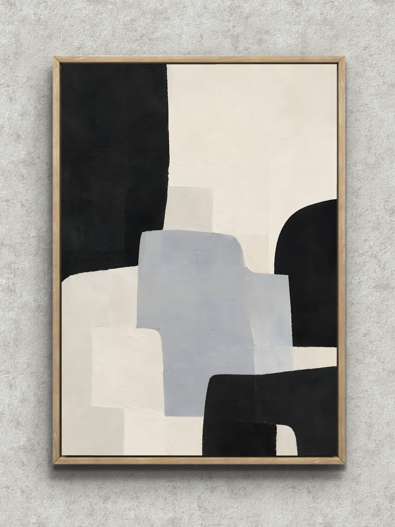 black-gray-geometric-abstract-interior-art-main-1-ma-10802.jpg 黒と白と淡いグレーの面が重なる幾何構成の抽象 インテリアアート フレーム設置イメージ