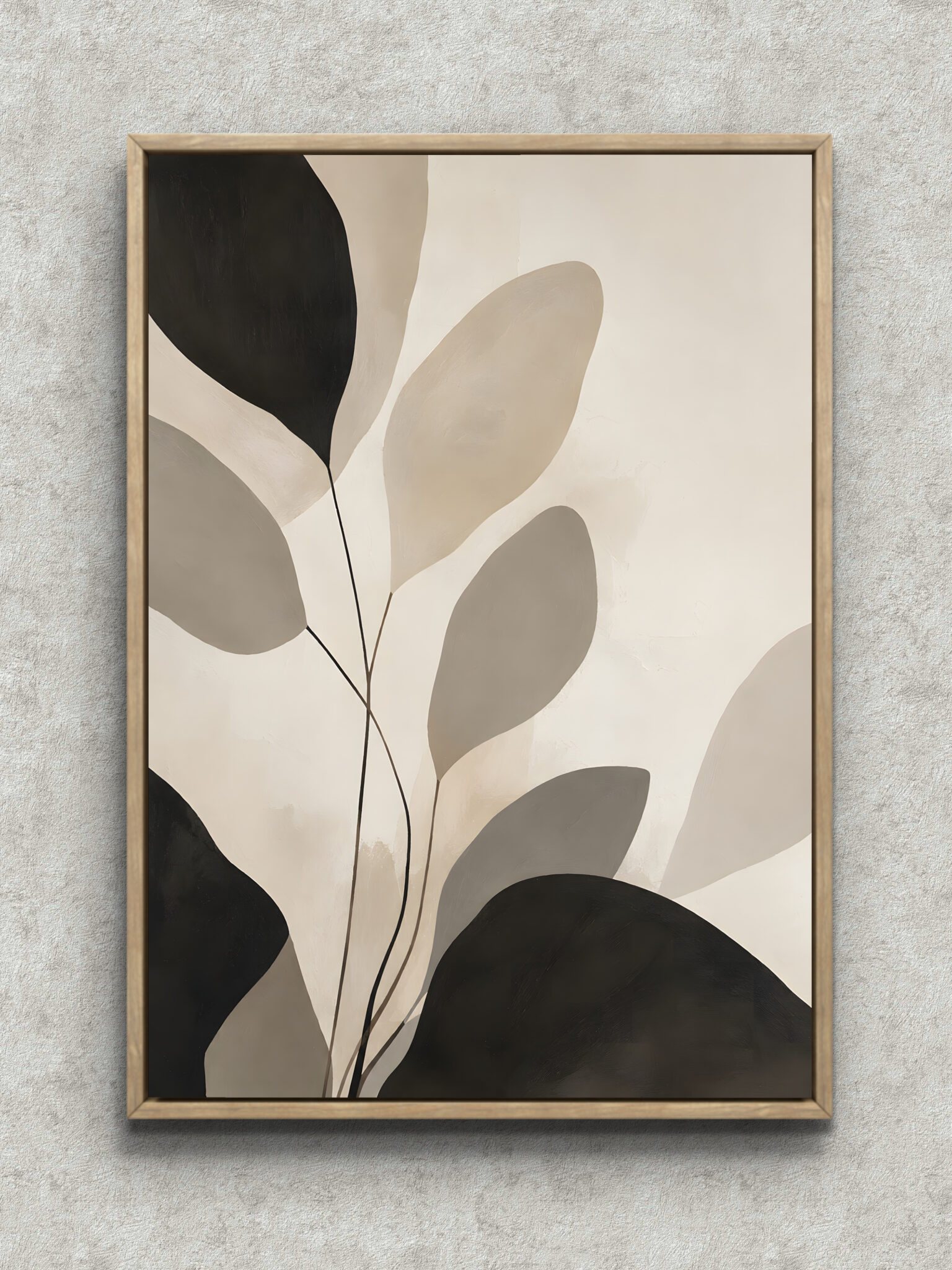 black-greige-botanical-interior-art-main-1-ma-10708.jpg 黒とグレージュの葉と細い茎を描いた植物 インテリアアート フレーム設置イメージ