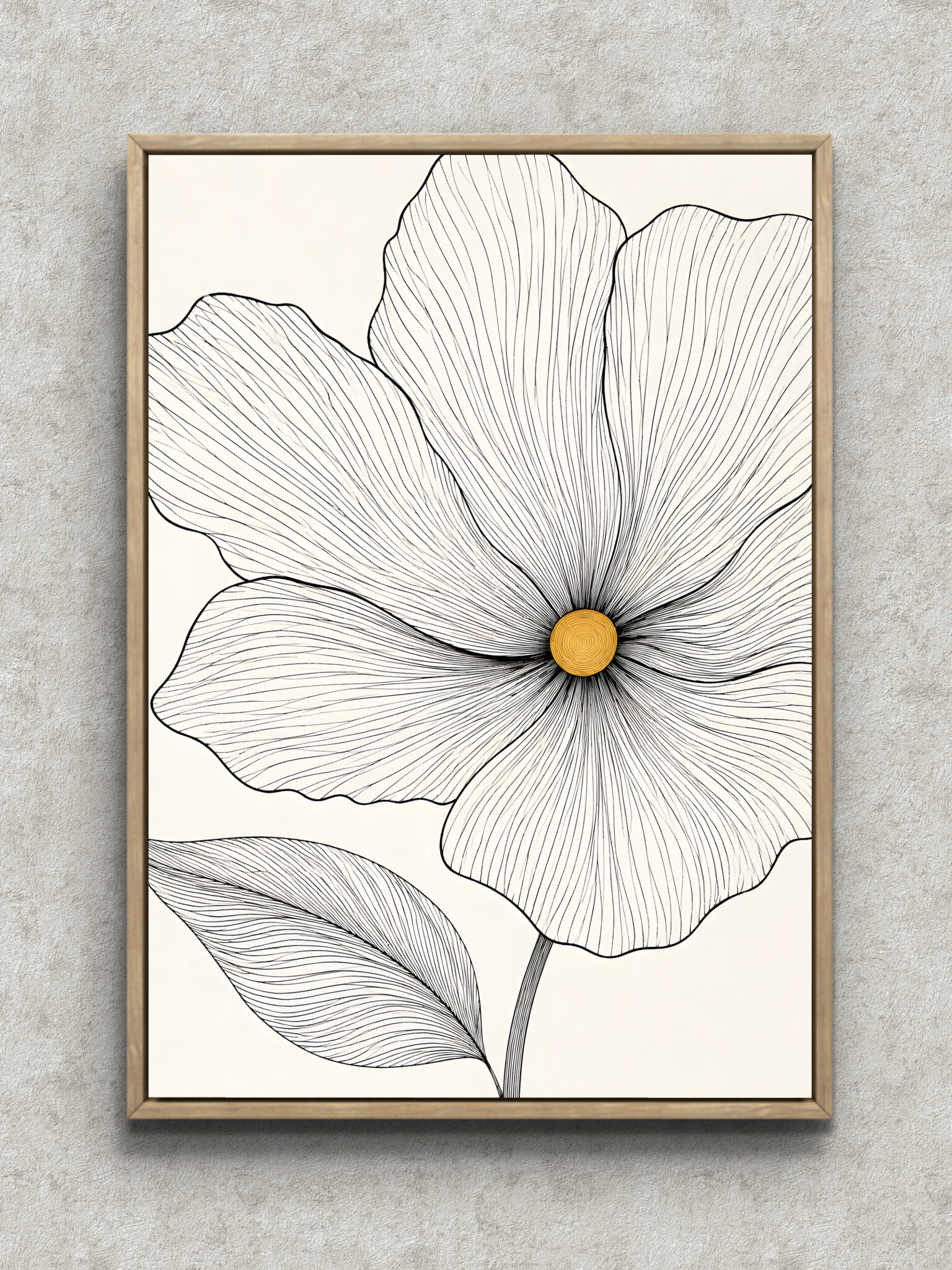 black-line-flower-botanical-interior-art-main-1-ma-10711.jpg 黒線で大輪の花と葉を描いたアイボリー調の植物 インテリアアート フレーム設置イメージ