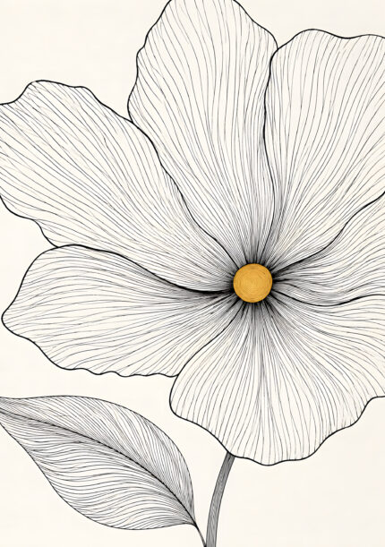 黒線で大輪の花と葉を描いたアイボリー調の植物 インテリアアート