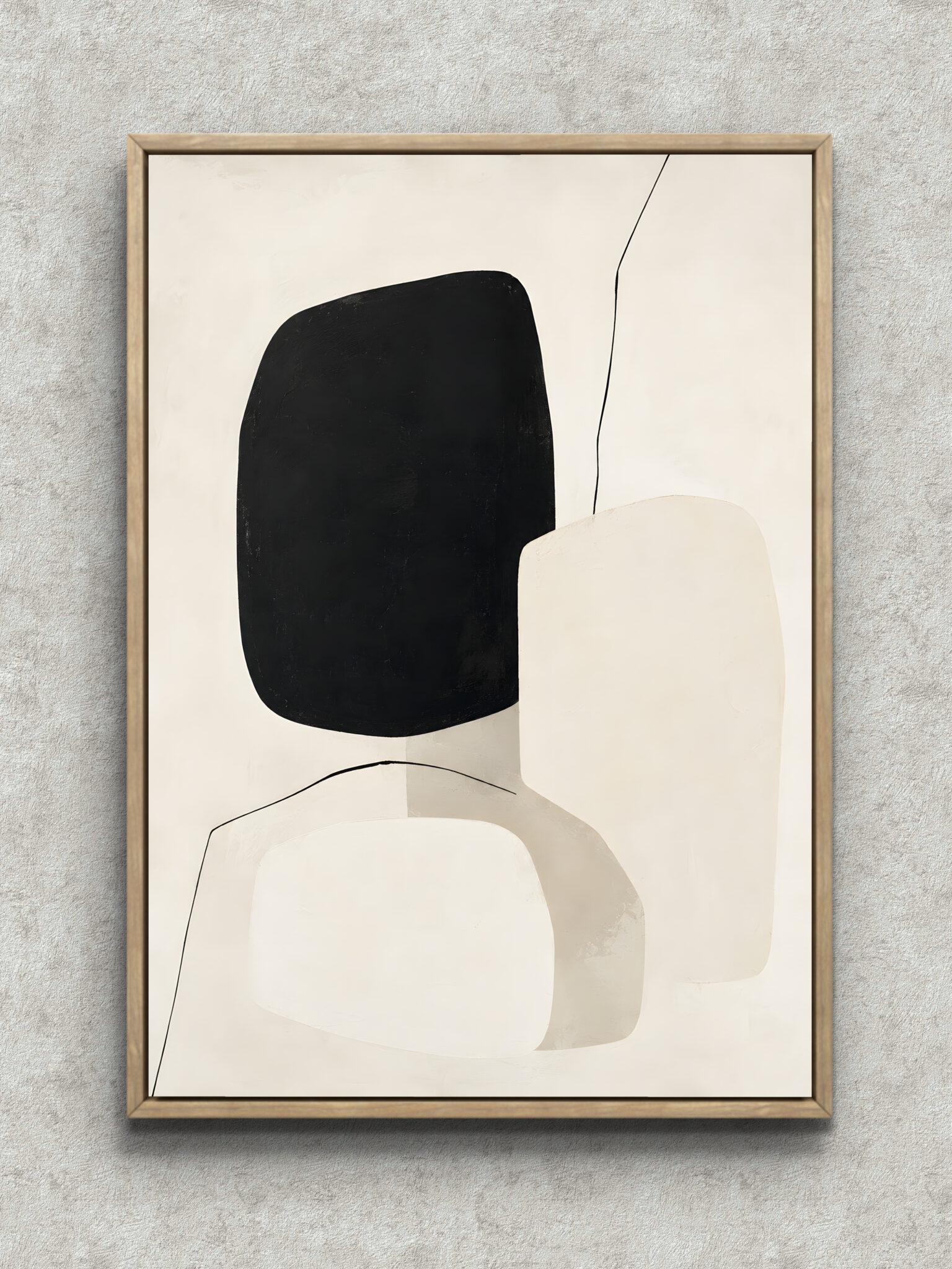 black-rounded-geometric-art-panel-main-1-ma-10657.jpg 黒と生成りの角丸形が重なる幾何学アートパネル フレーム設置イメージ