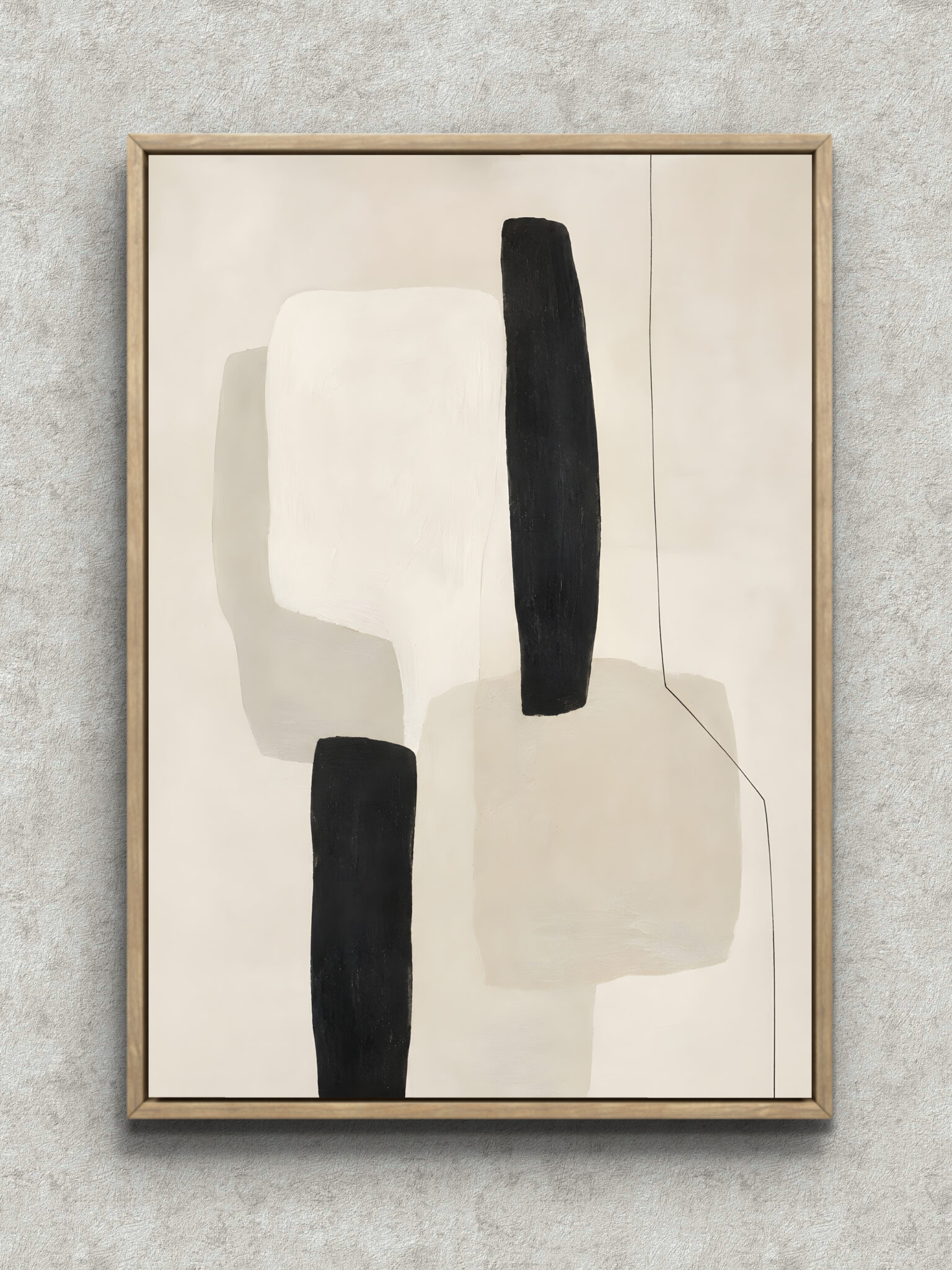 black-white-vertical-abstract-interior-art-main-1-ma-10661.jpg 白い面と黒い縦長フォルムが重なる静かな抽象 インテリアアート フレーム設置イメージ