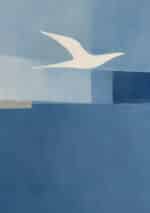 淡い青の面構成を白い鳥が横切る縦型の抽象 インテリアアート