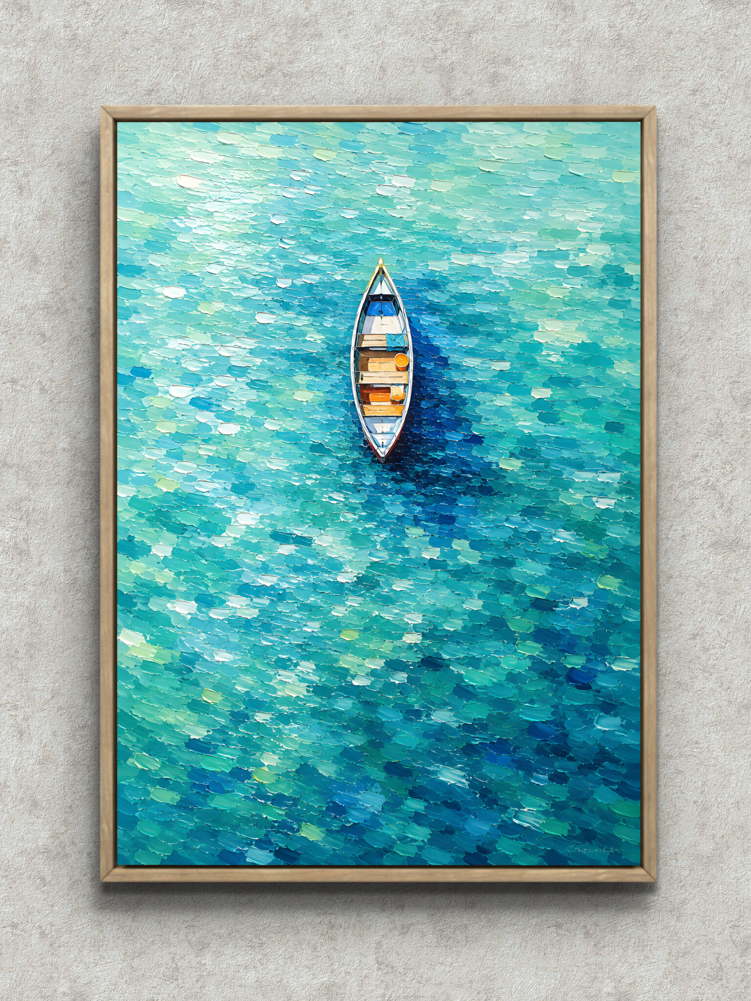 blue-boat-water-abstract-art-panel-main-1-ma-10841.jpg 青い水面に小舟が浮かぶ縦構図の抽象アートパネル フレーム設置イメージ