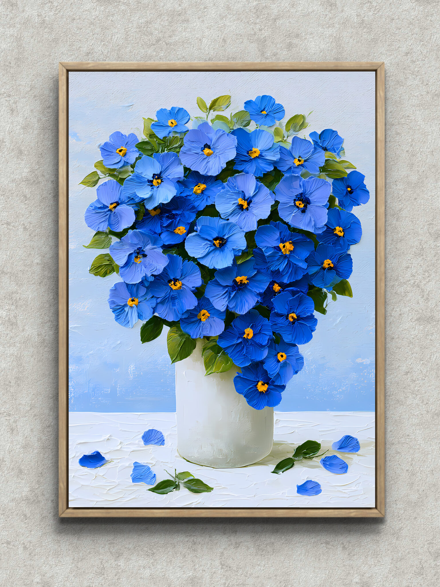blue-bouquet-white-vase-art-panel-main-1-ma-10599.jpg 青い花束と白い花器を描いた爽やかなフラワーアートパネル フレーム設置イメージ