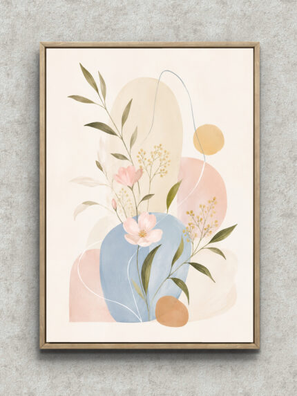 淡いブルーの花枝と円形モチーフを描いた植物 インテリアアート フレーム設置イメージ