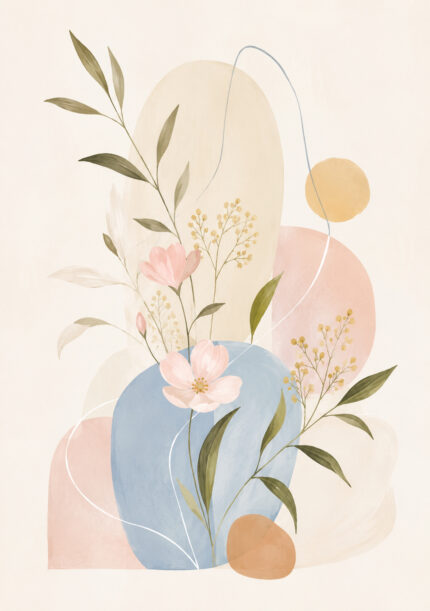 淡いブルーの花枝と円形モチーフを描いた植物 インテリアアート