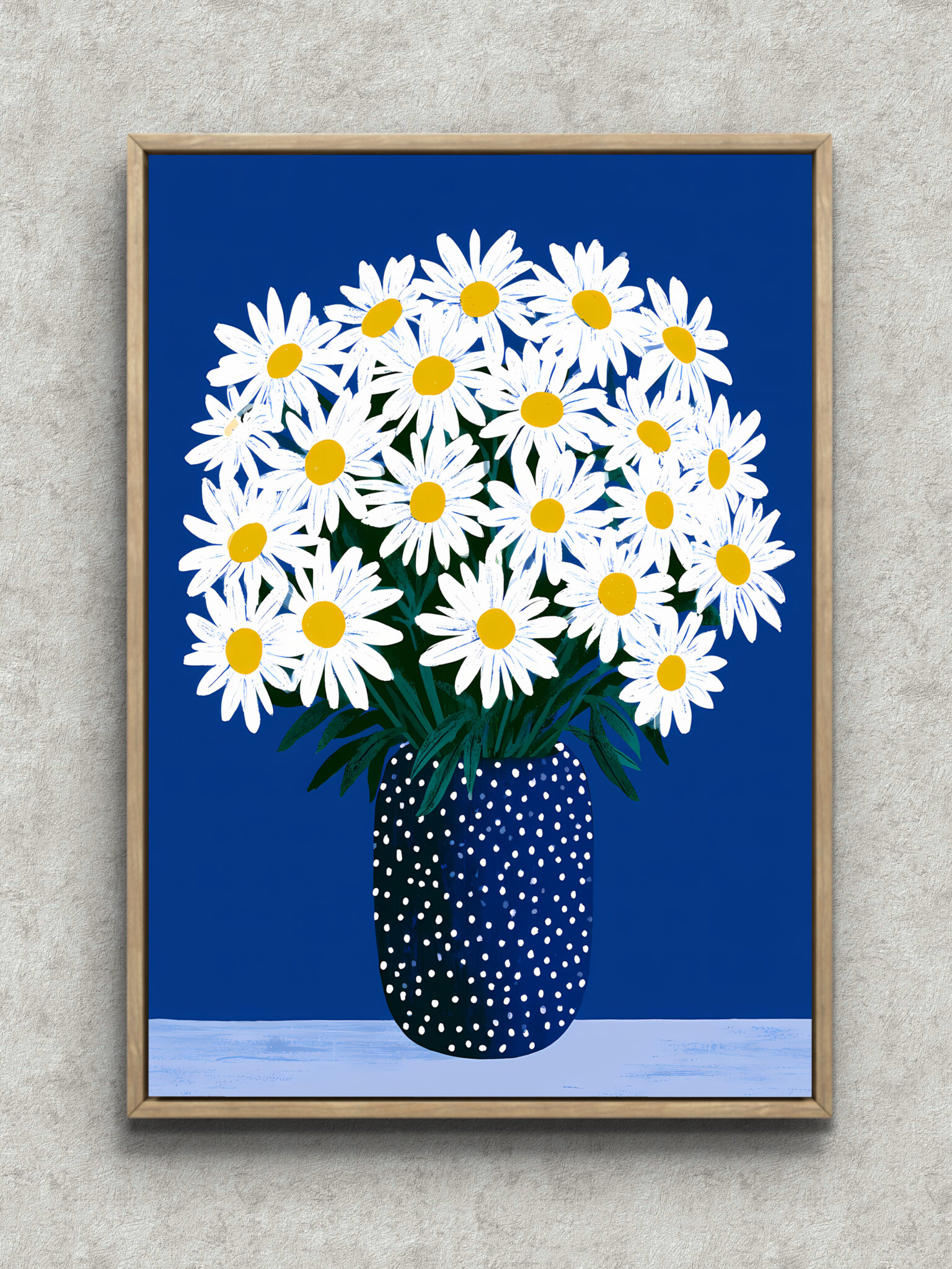 blue-daisy-bouquet-interior-art-main-1-ma-10602.jpg 青い背景に白いデイジーの花束と水玉花瓶を描いたフラワーアートパネル フレーム設置イメージ