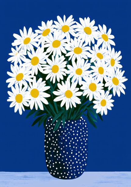 青い背景に白いデイジーの花束と水玉花瓶を描いたフラワーアートパネル