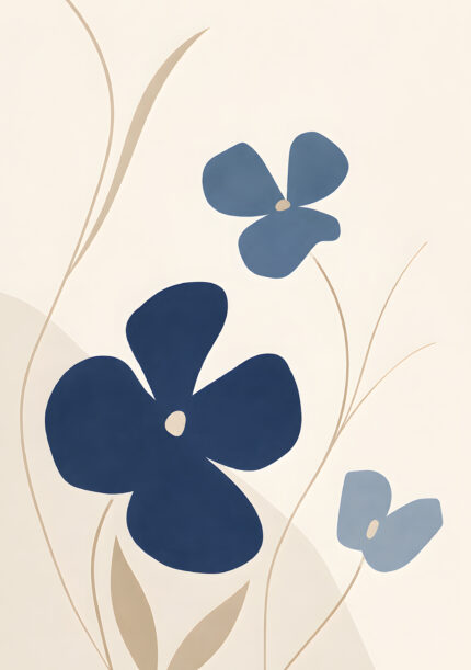 ネイビーとくすみブルーの花を描いた植物 インテリアアート