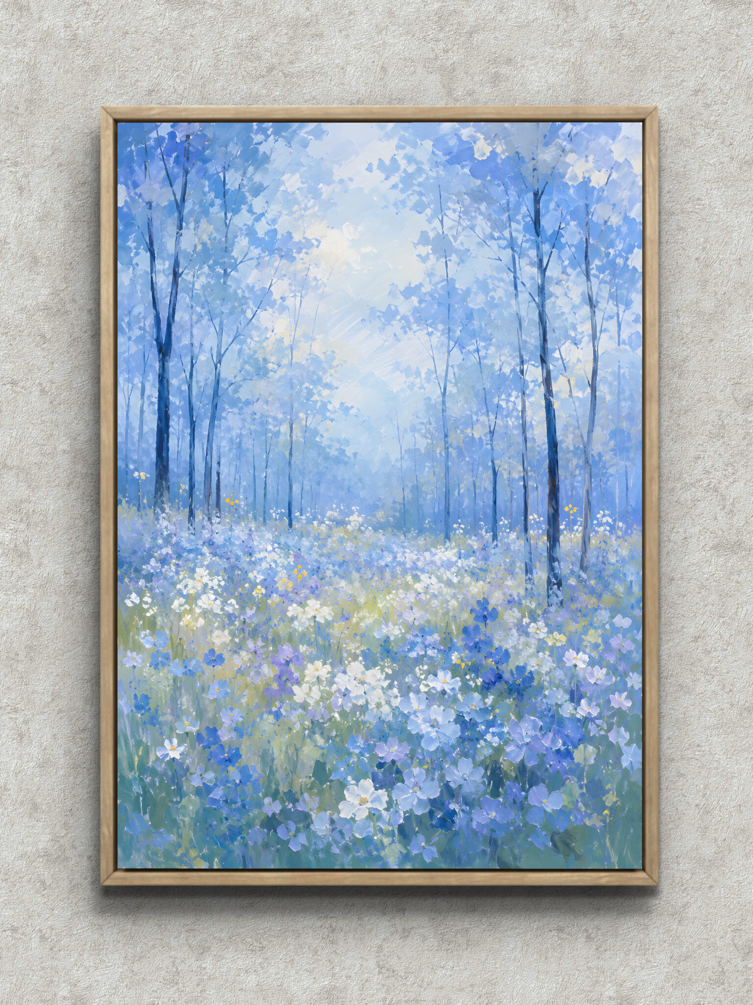 blue-forest-flower-landscape-interior-art-main-1-ma-10682.jpg 淡い青の木立と花畑を描いた縦構図の風景アートパネル フレーム設置イメージ