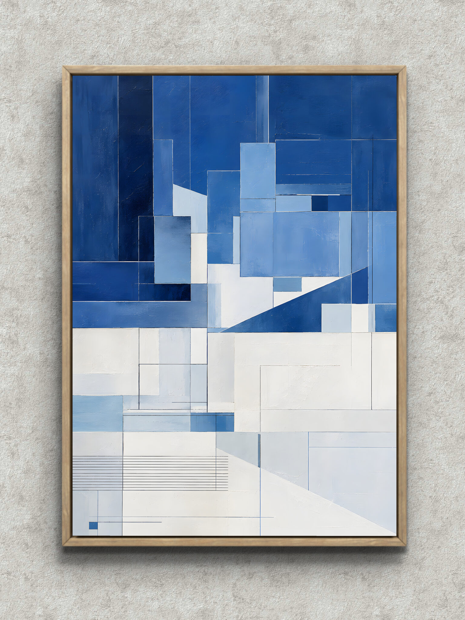 blue-geometric-urban-abstract-interior-art-main-1-ma-10811.jpg 青と白の矩形が重なる斜線構成の抽象 インテリアアート フレーム設置イメージ
