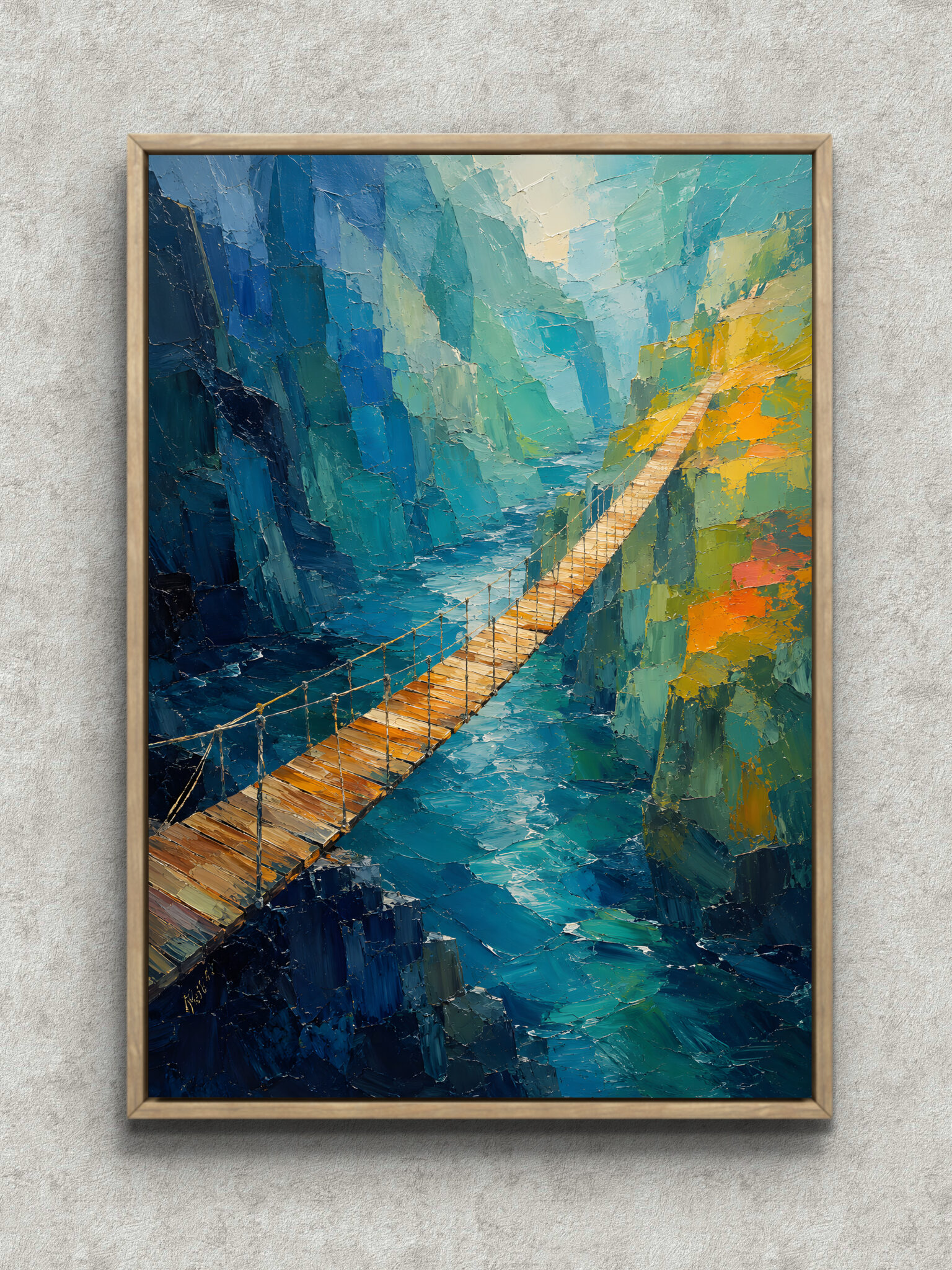 blue-gorge-bridge-abstract-art-panel-main-1-ma-10854.jpg 青い峡谷と吊り橋を描いた幻想的な風景アートパネル フレーム設置イメージ