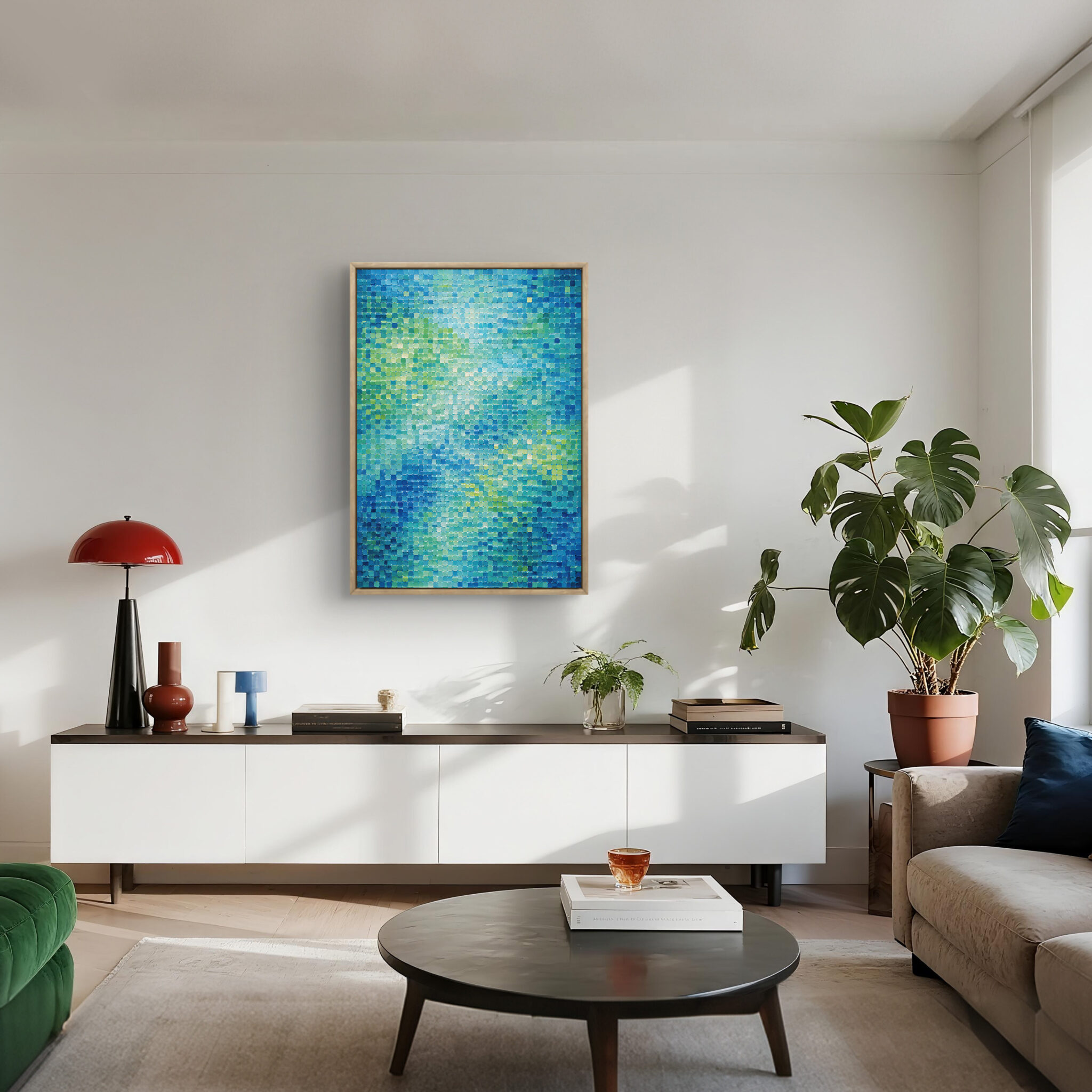 抽象 インテリアアート｜青緑の粒が流れるモダン作品