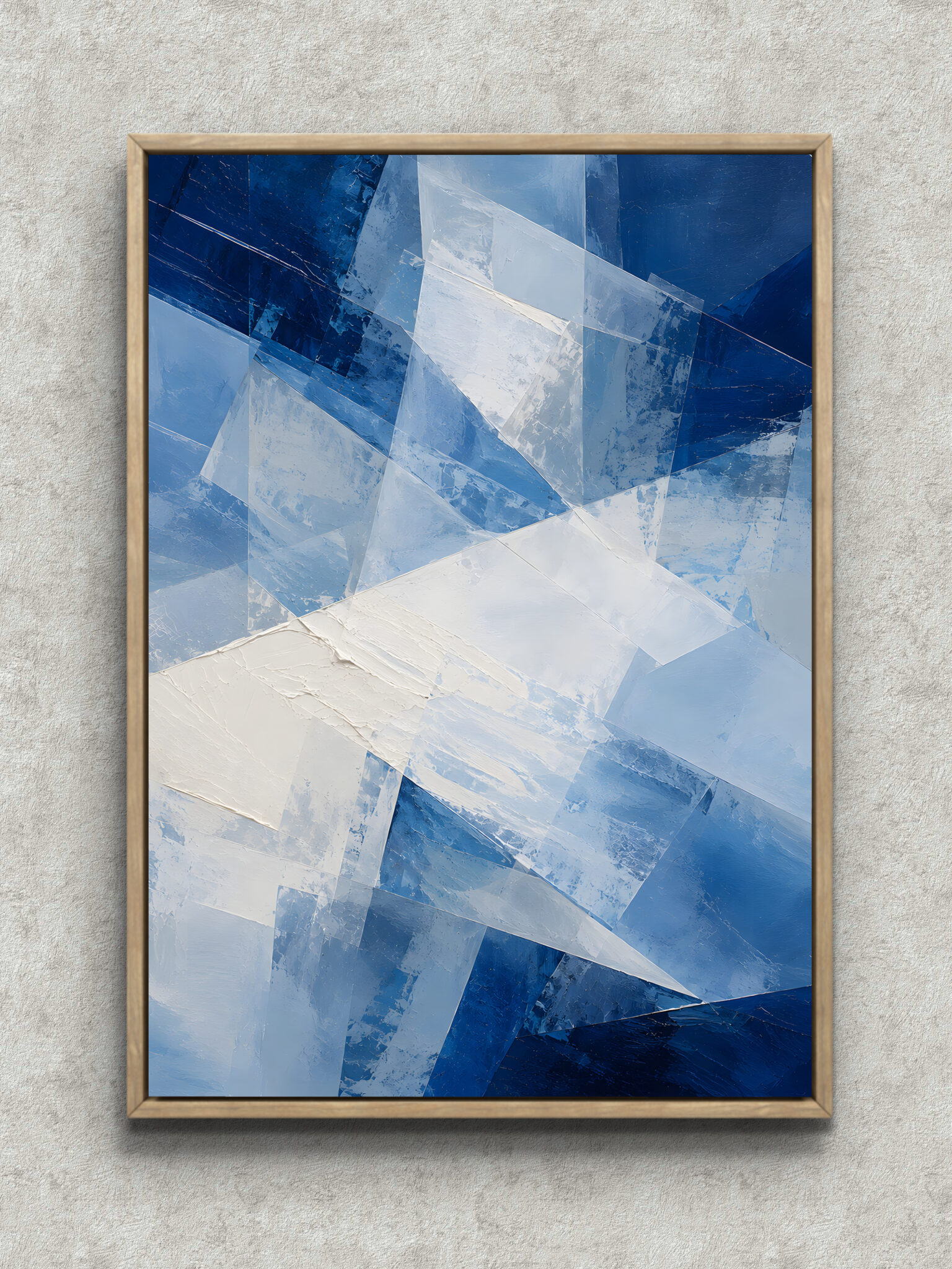 blue-layered-ice-geometric-abstract-interior-art-main-1-ma-10812.jpg 青と白の多角形が重なる透明感のある抽象 インテリアアート フレーム設置イメージ