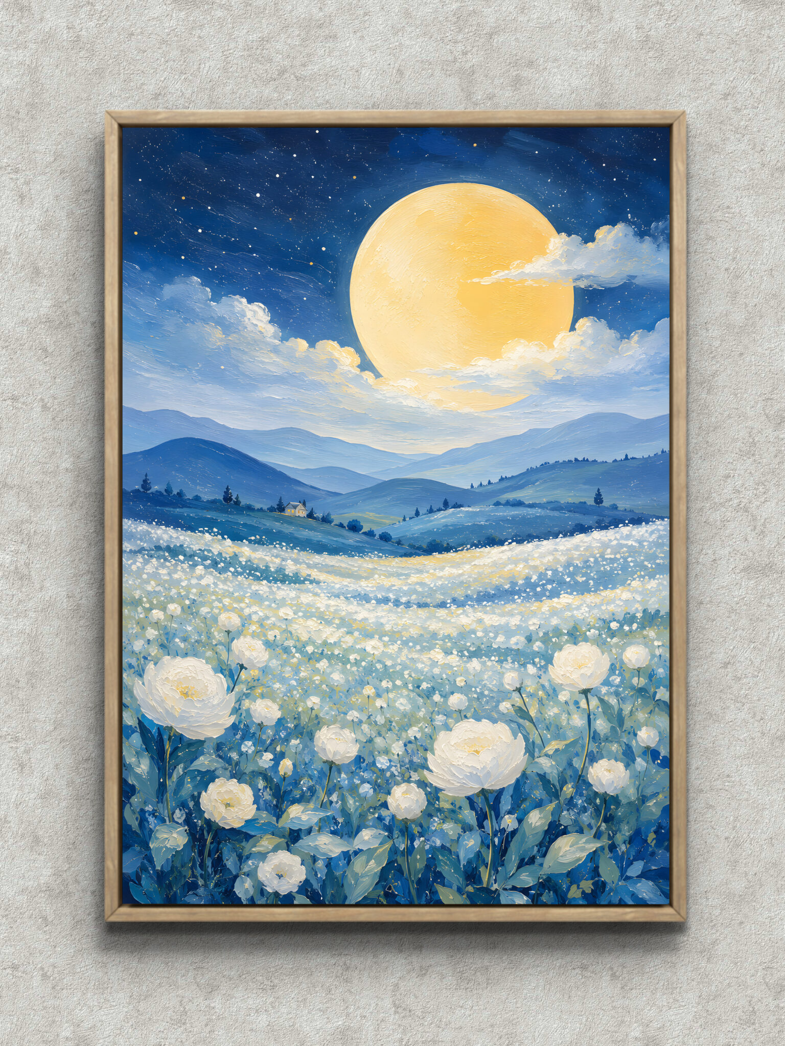 blue-moon-flower-landscape-interior-art-main-1-ma-10848.jpg 満月と白い花畑を描いた深い青の風景アートパネル フレーム設置イメージ