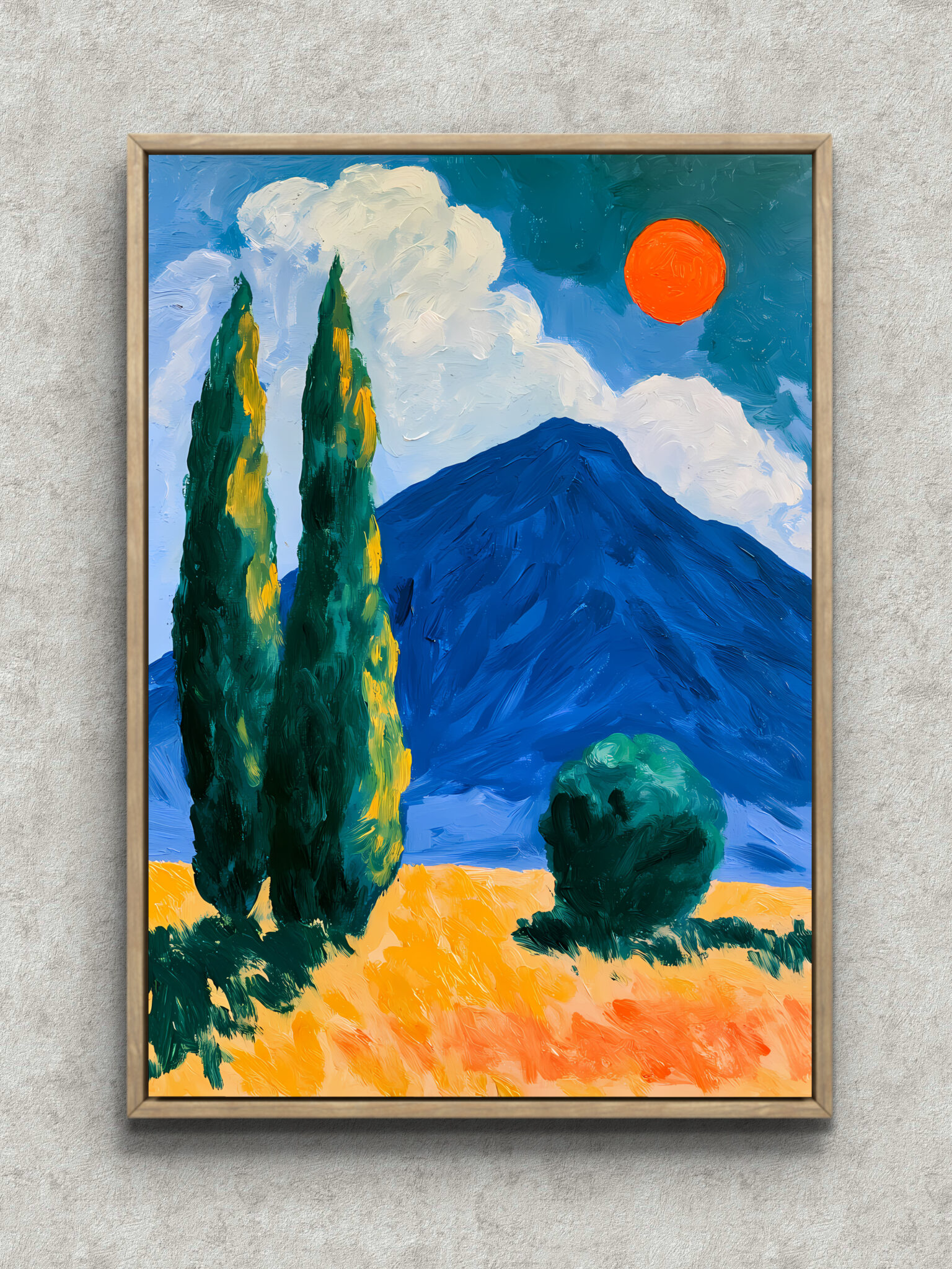 blue-mountain-cypress-sun-interior-art-main-1-ma-10608.jpg 青い山と糸杉、橙の太陽を描いた風景アートパネル フレーム設置イメージ
