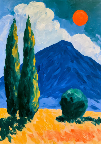青い山と糸杉、橙の太陽を描いた風景アートパネル