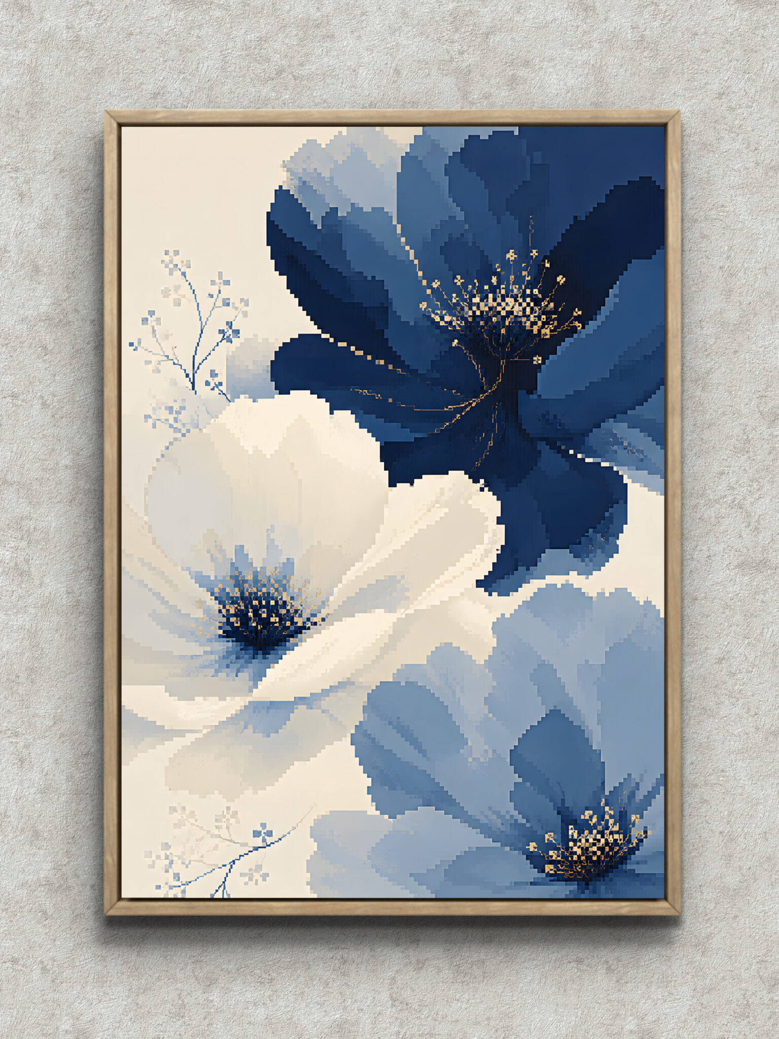 blue-pixel-floral-interior-art-main-1-ma-10721.jpg 青と白の大輪の花をモザイク調に重ねた縦構図のフラワーアートパネル フレーム設置イメージ