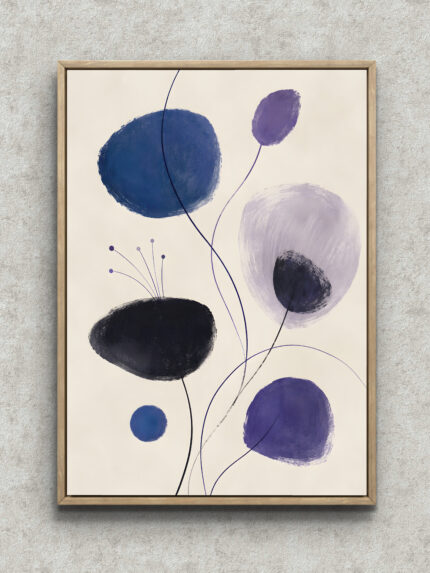 青と紫の楕円形の色面と細い曲線で構成した縦型の幾何学アートパネル フレーム設置イメージ