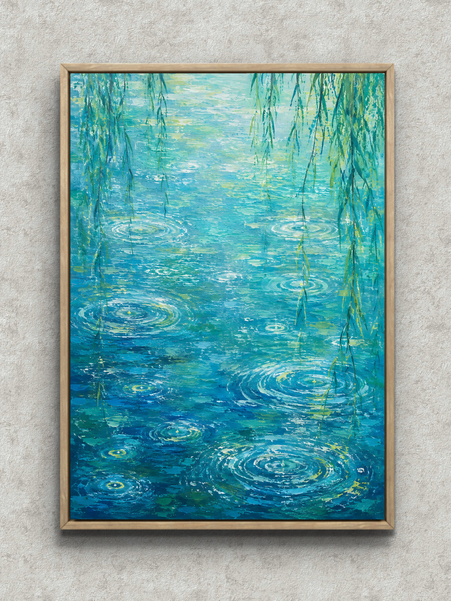 blue-ripple-water-art-main-1-ma-10839.jpg 青緑の水面に波紋と垂れ枝を描いた風景アートパネル フレーム設置イメージ