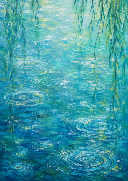 青緑の水面に波紋と垂れ枝を描いた風景アートパネル