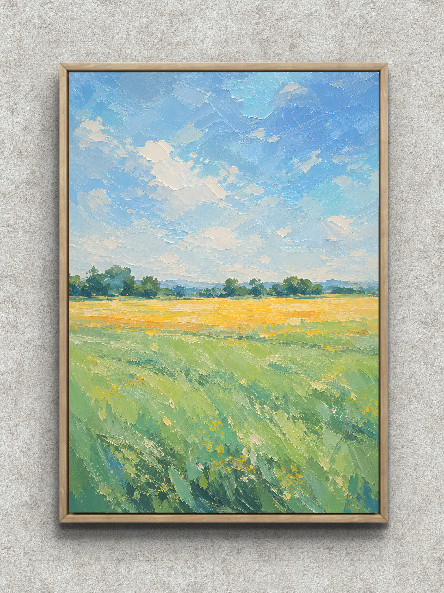 blue-sky-green-meadow-abstract-interior-art-main-1-ma-10800.jpg 青空と白い雲、黄緑の草原を描いた縦構図の風景アートパネル フレーム設置イメージ