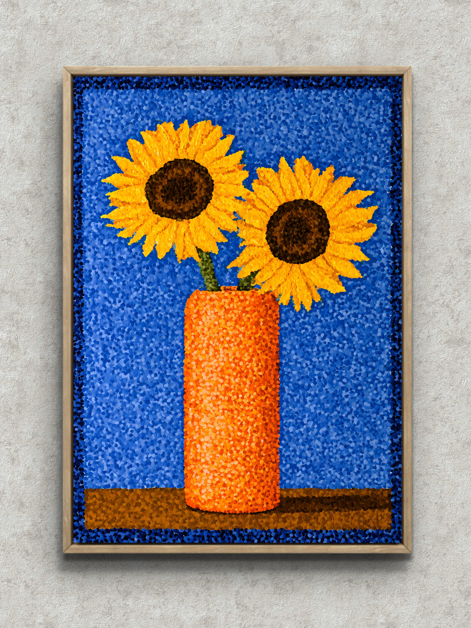 blue-sunflower-vase-art-panel-main-1-ma-10615.jpg 青い背景にオレンジの花瓶とひまわりを描いた青い花 アートパネル フレーム設置イメージ