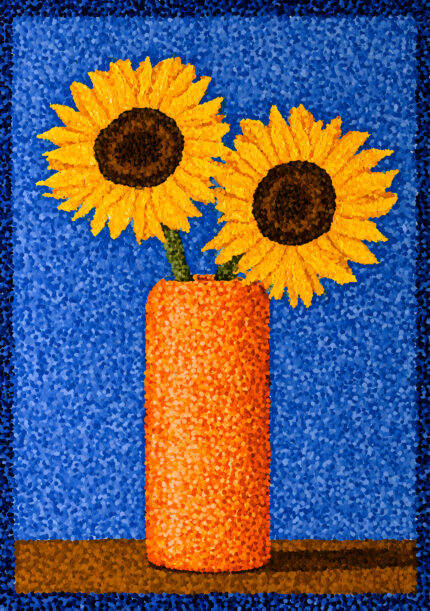 青い背景にオレンジの花瓶とひまわりを描いた青い花 アートパネル