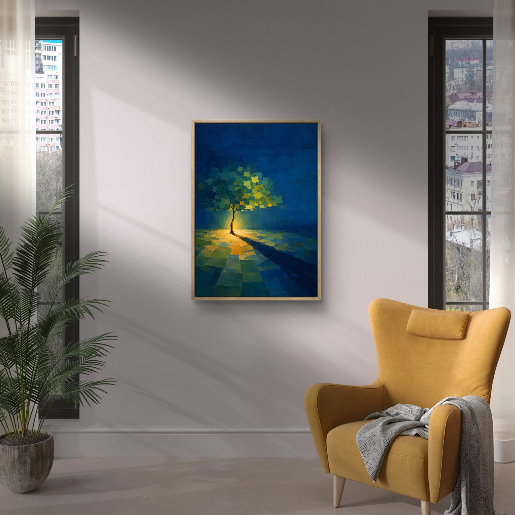 抽象 インテリアアート｜青と金色が交わる一本木の風景