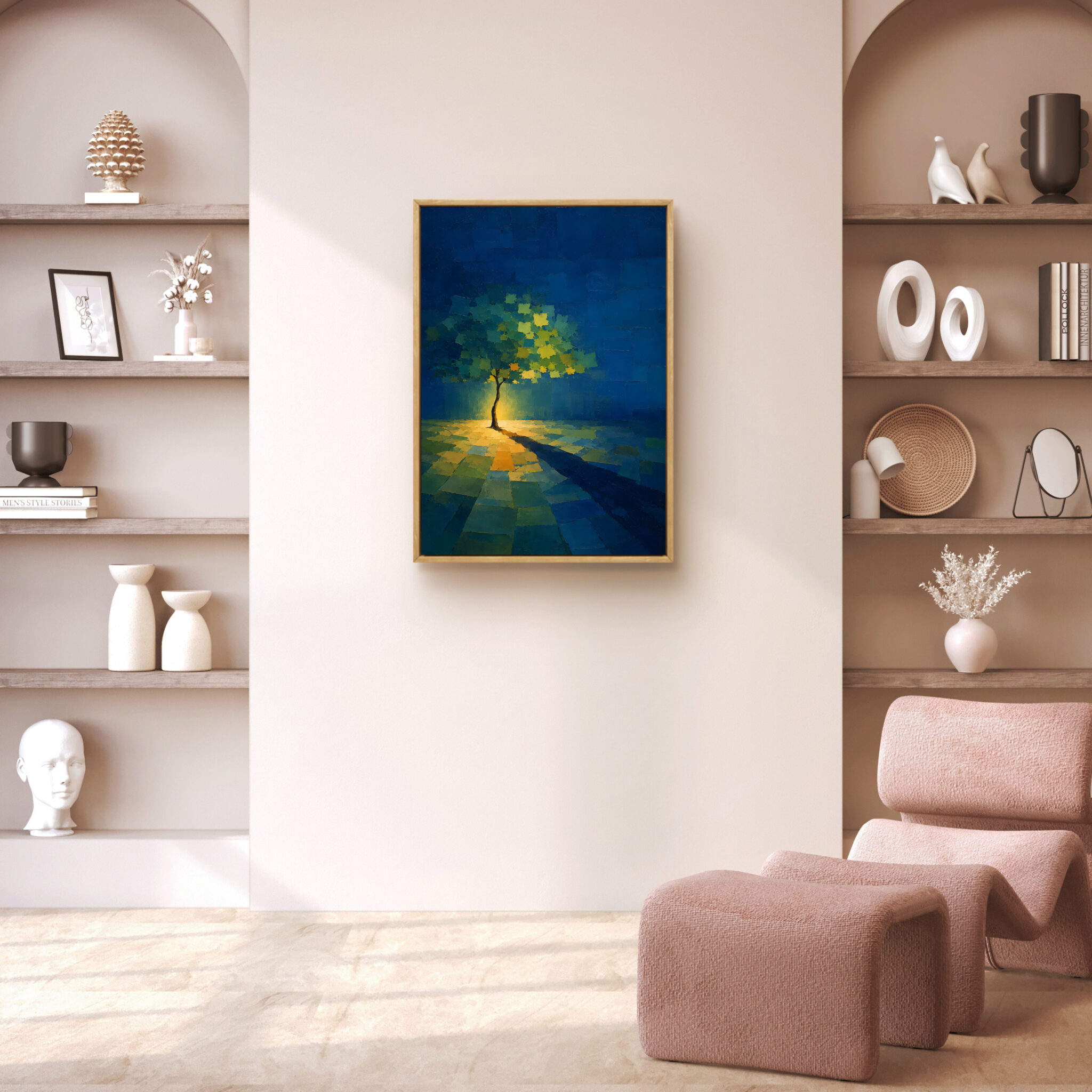 抽象 インテリアアート｜青と金色が交わる一本木の風景