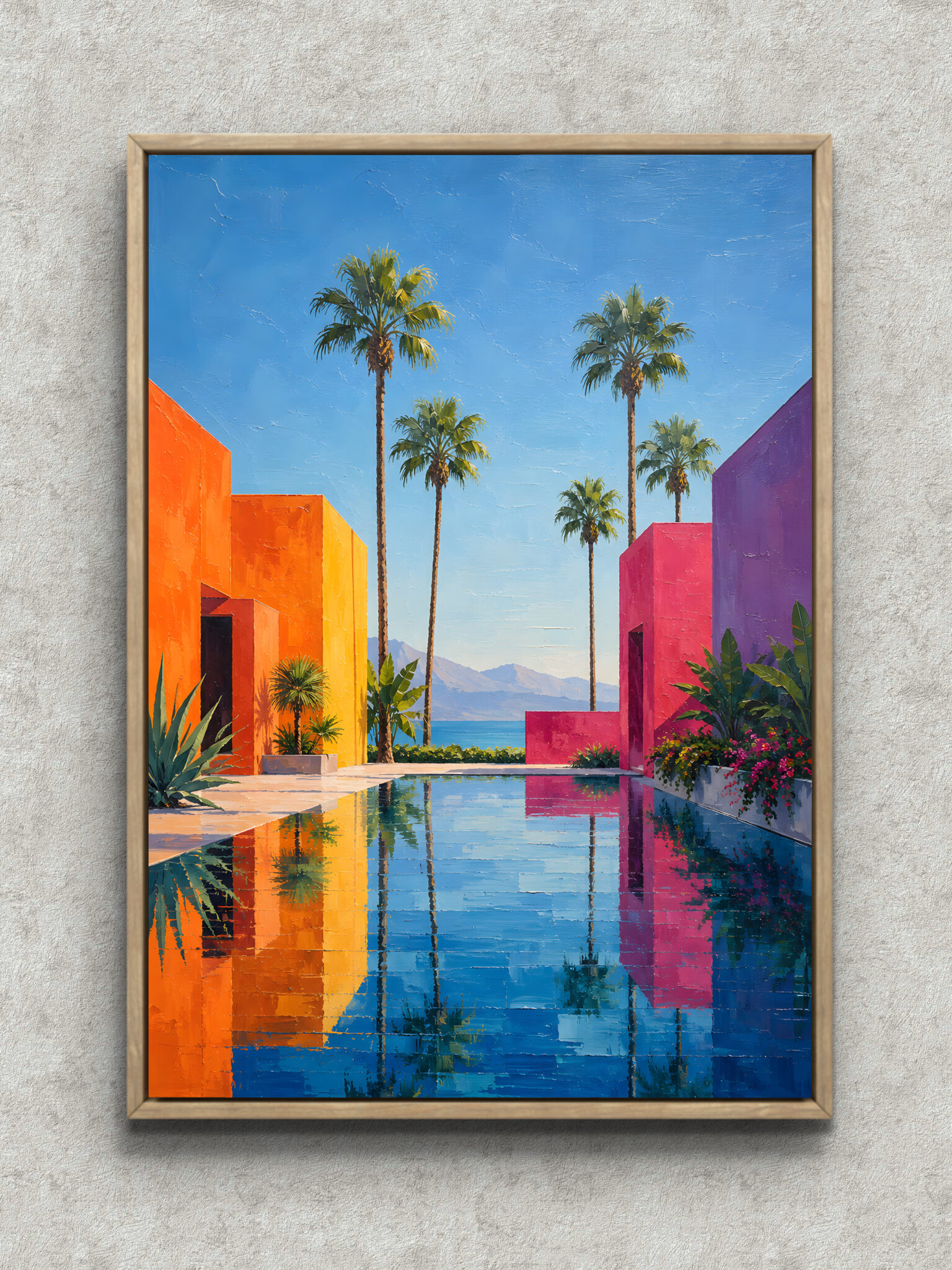 blue-tropical-seaside-interior-art-main-1-ma-10835.jpg ヤシの木と青い水面、色鮮やかな建物が映る海辺の風景アートパネル フレーム設置イメージ