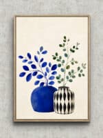 青い花器と丸い葉の枝を描いた植物 インテリアアート フレーム設置イメージ