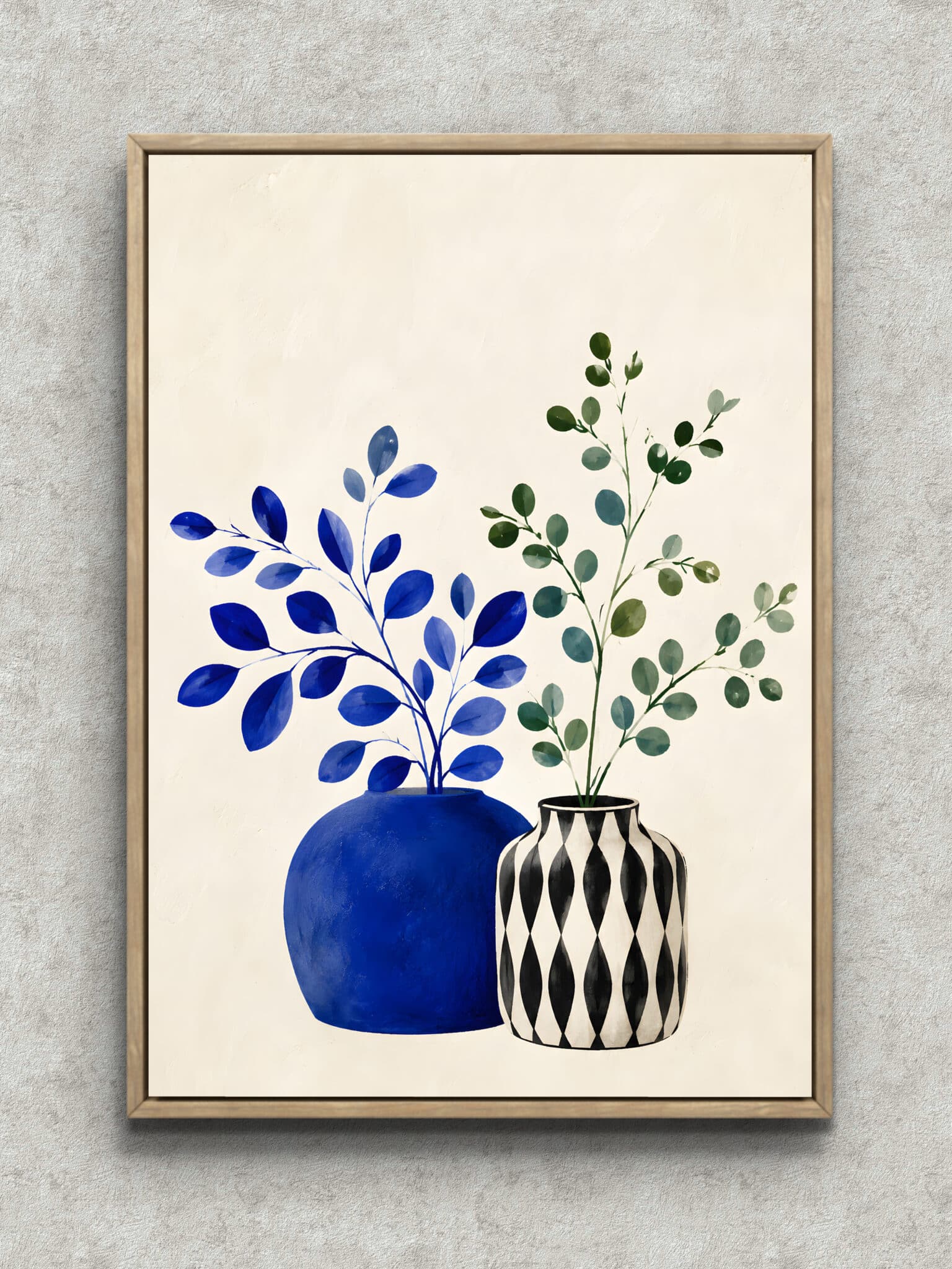 blue-vase-round-leaf-botanical-interior-art-main-1-ma-10735.jpg 青い花器と丸い葉の枝を描いた植物 インテリアアート フレーム設置イメージ