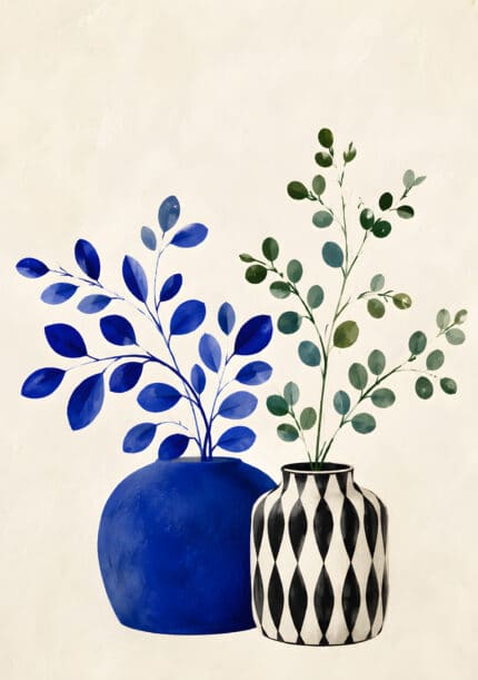 青い花器と丸い葉の枝を描いた植物 インテリアアート