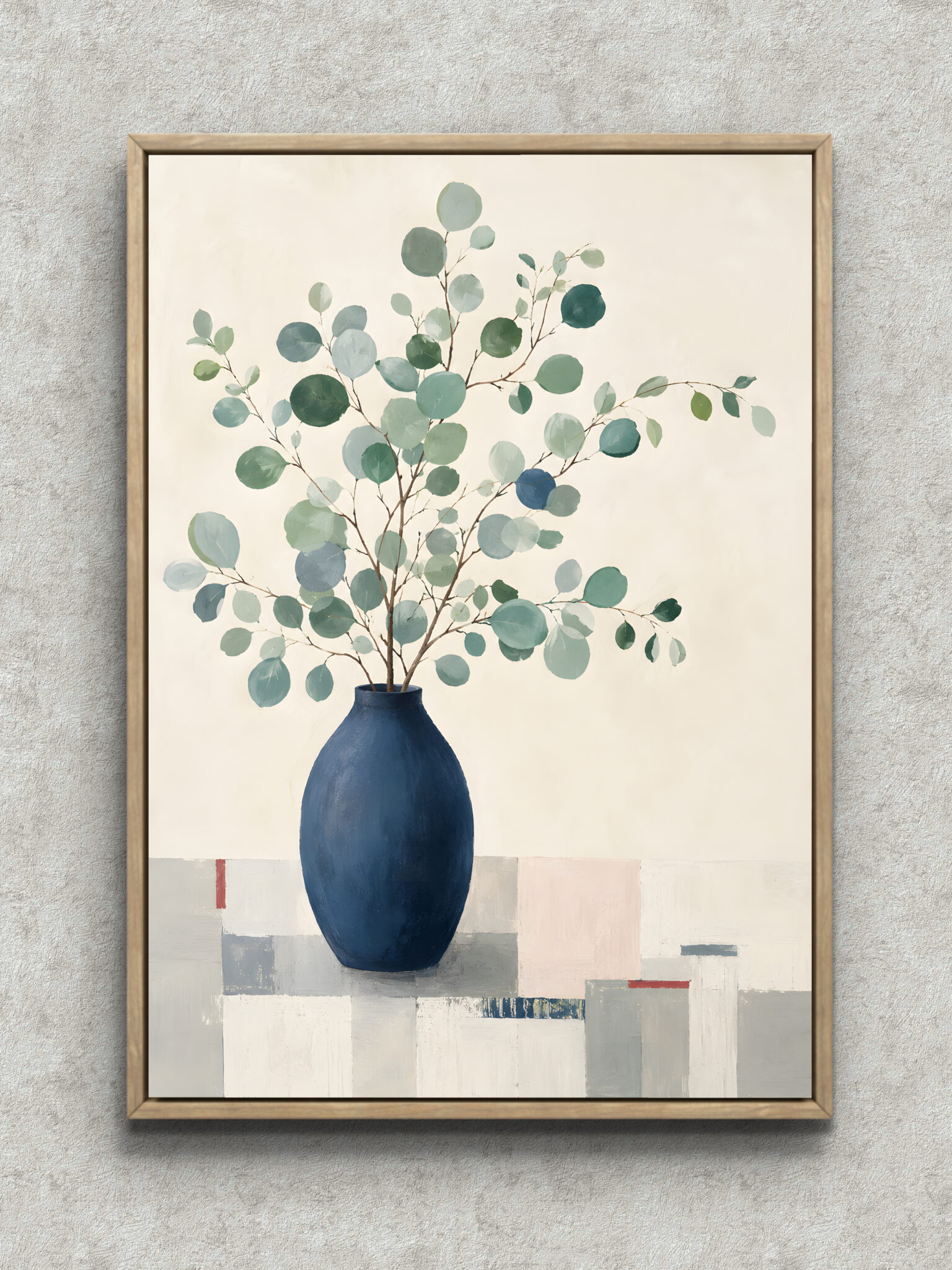 blue-vase-round-leaf-interior-art-main-1-ma-10860.jpg 青い花器に丸い葉の枝を描いた静かなボタニカルアートパネル フレーム設置イメージ