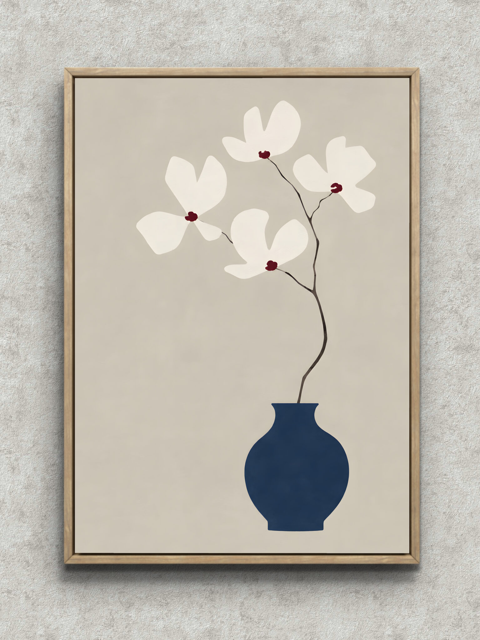 blue-vase-white-flower-interior-art-main-1-ma-10637.jpg 生成りの余白に青い花器と白花を描いた植物 インテリアアート フレーム設置イメージ