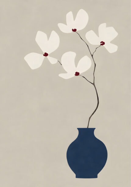 生成りの余白に青い花器と白花を描いた植物 インテリアアート